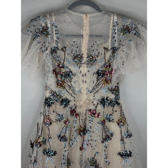 Mac Duggal 20510 Flutter Sleeve High Neck Embellished Tea Length Dress Sz 2 Nude - Picture 6 of 6